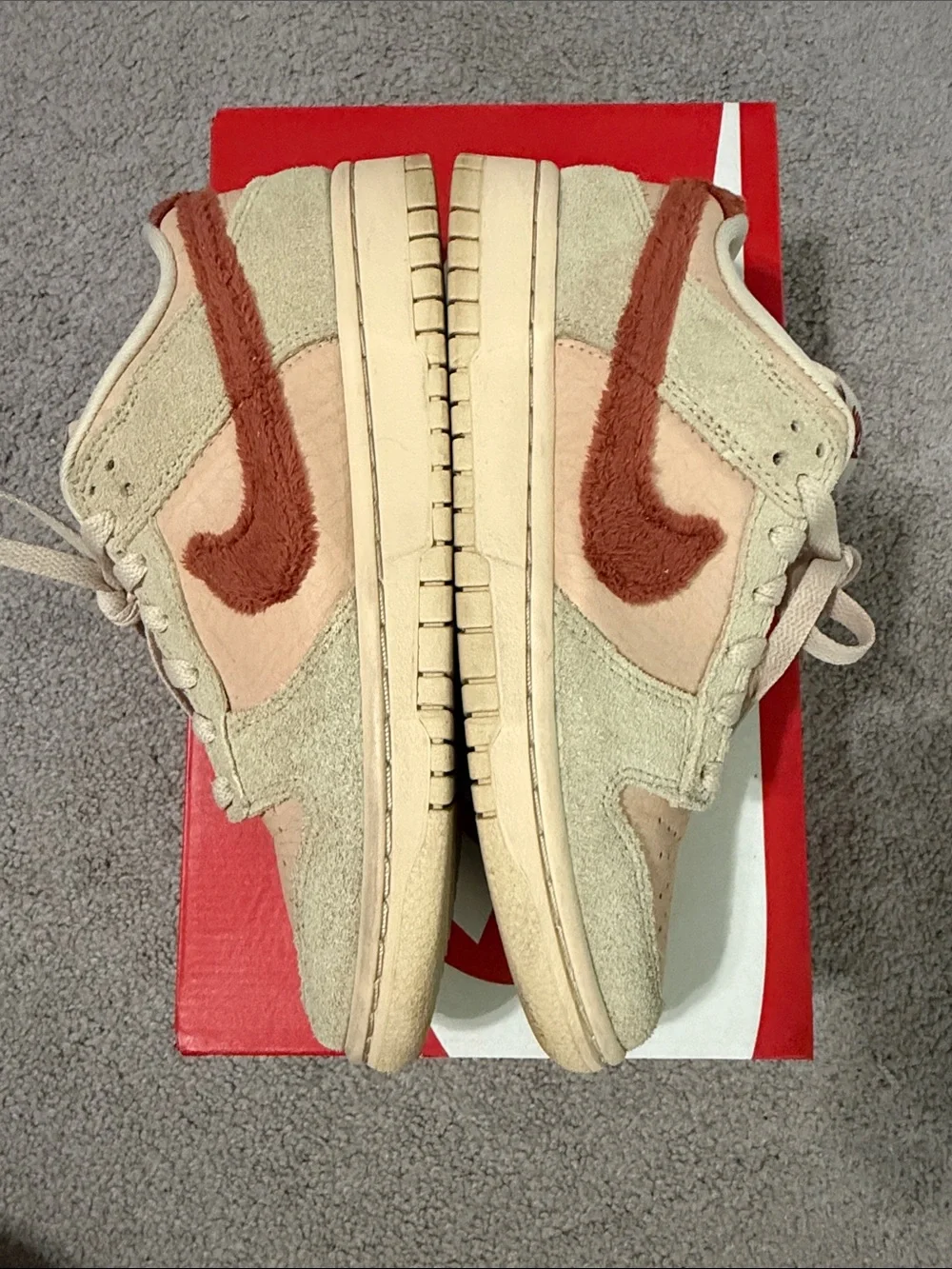 Women Nike Dunk Low-Top Sneakers in Beige with Rust Swoosh size 7.5